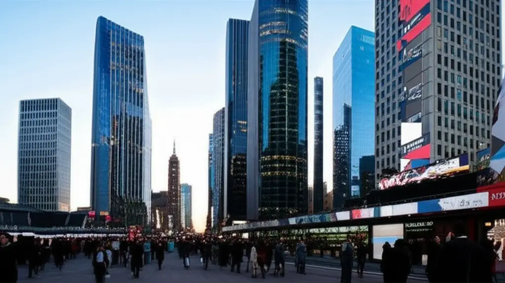 Crowded urban plaza with tall skyscrapers, digital billboards, and pedestrians during daytime