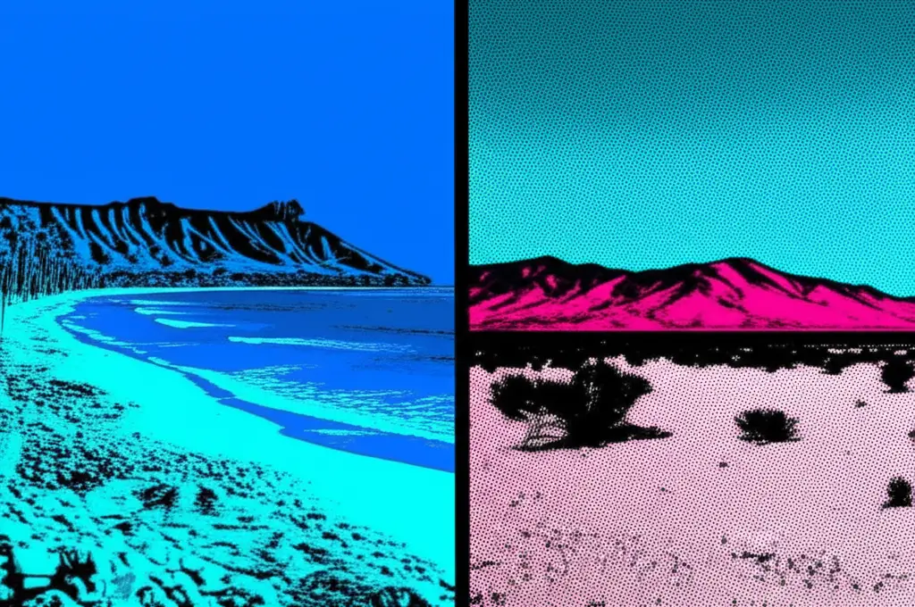 A split screen of the North Shore of Oahu and a Nevada desert landscape in reference to revocable trusts in Hawaii versus Nevada.