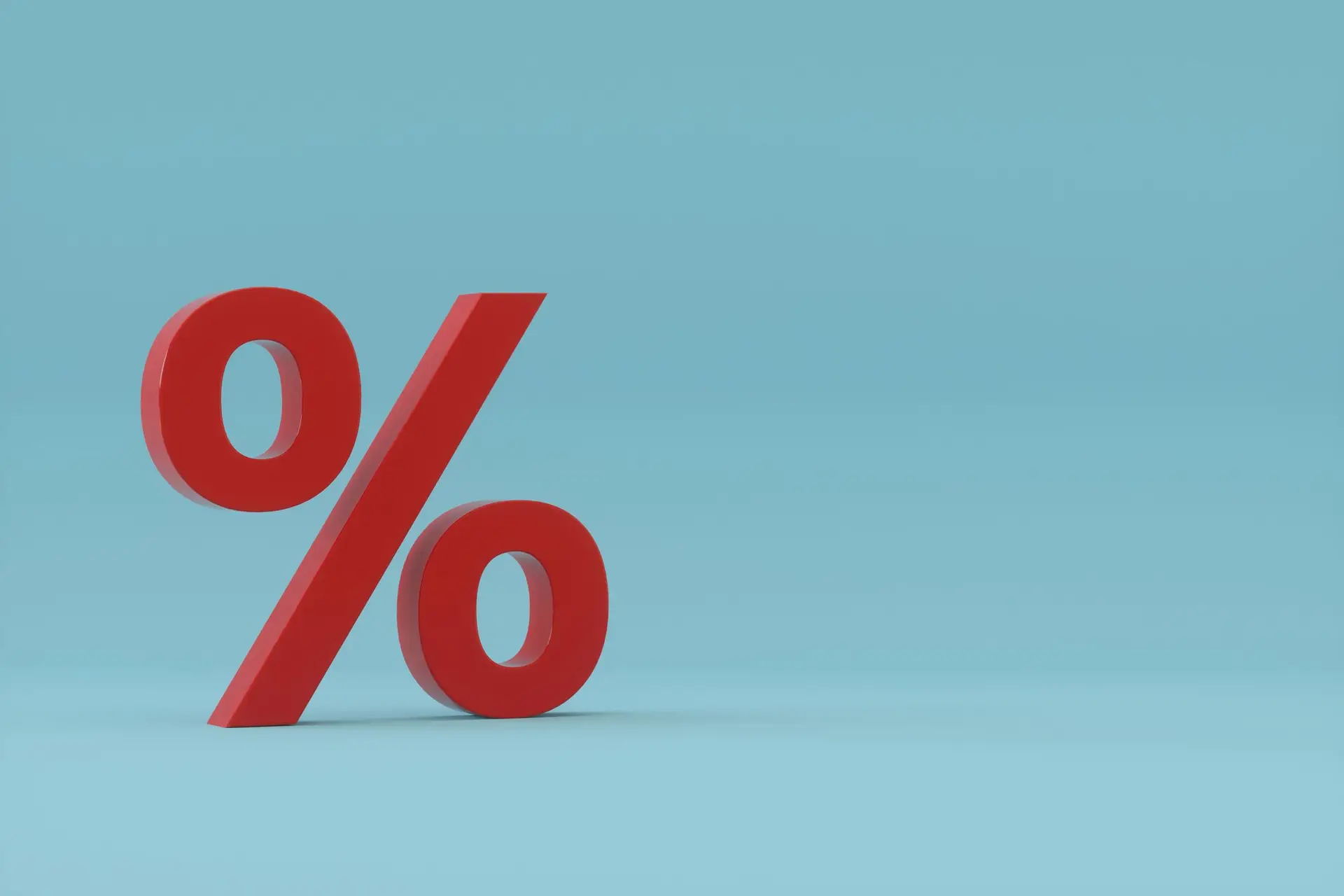 Red percentage symbol on light blue background, 3D rendered typography