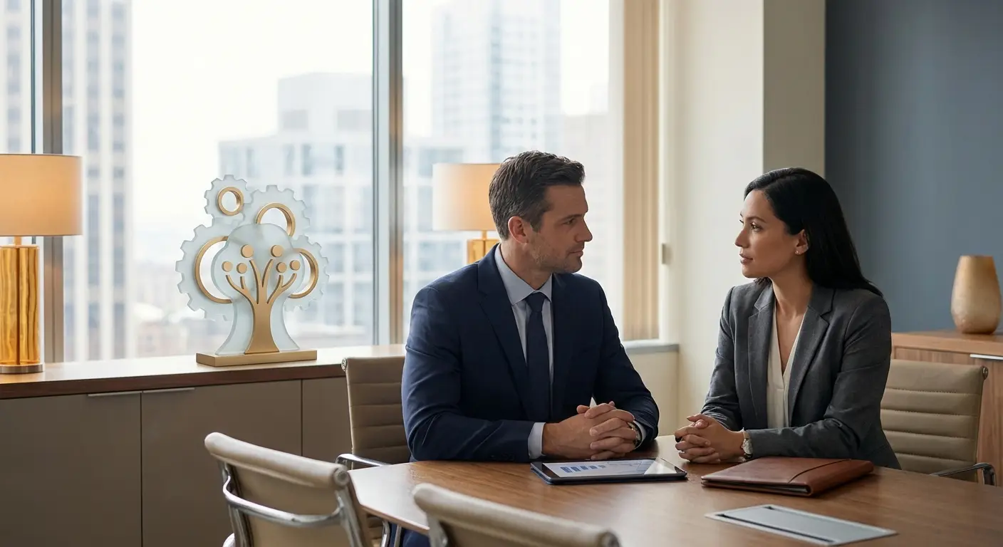 Two professionals in business attire sit at a table in a high-rise office, reviewing documents together with city skyline visible behind them