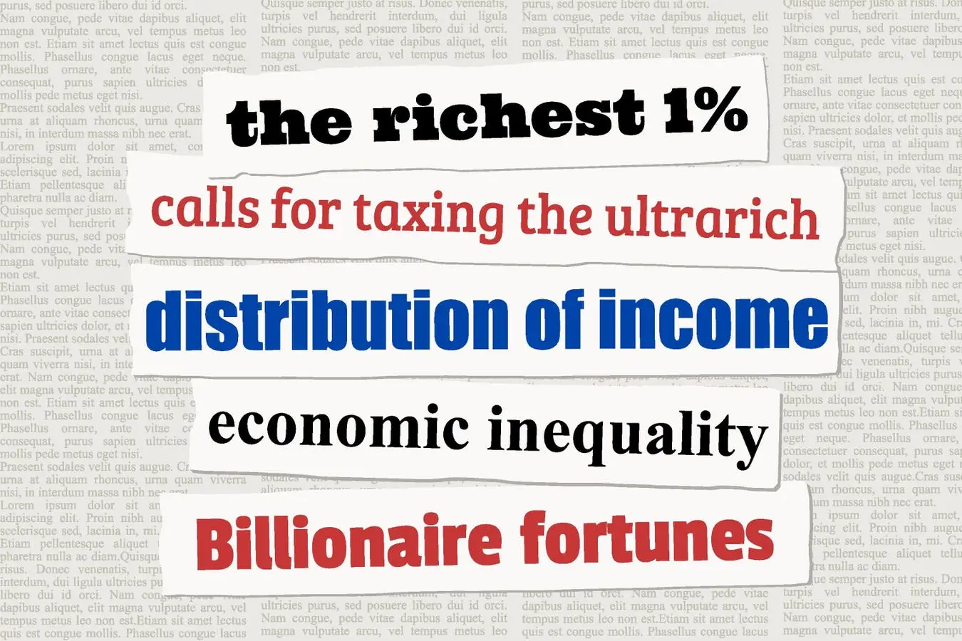 Headline text on newspaper background reading "the richest 1%" and "calls for taxing the ultrarich" in red and blue