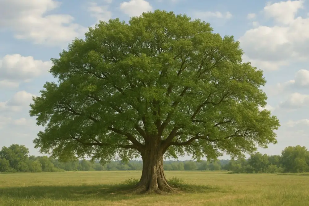 Large mature tree with full green canopy standing alone in open grassland under partly cloudy sky