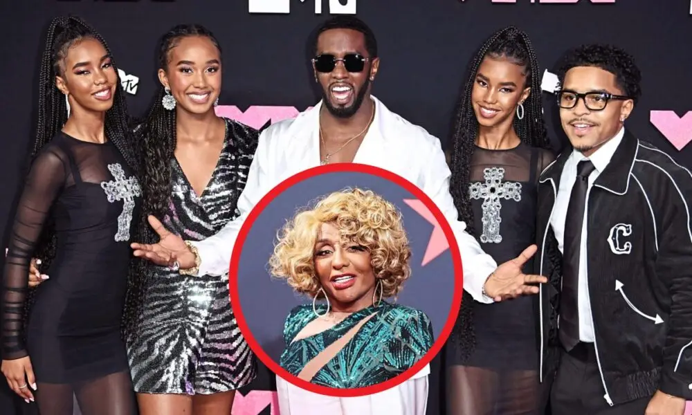Group of five people at an MTV event, with a circled portrait of a blonde woman in a teal outfit inset in the center