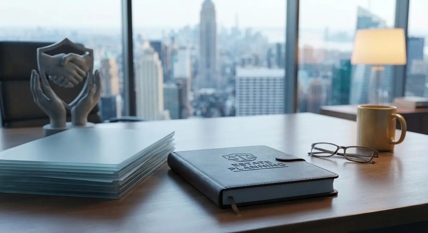Executive desk with notebook, papers, coffee mug, and glasses overlooking a city skyline through floor-to-ceiling windows