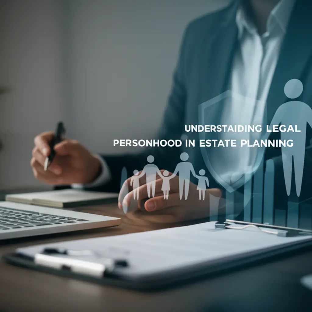 Professional in business attire holds transparent figures representing a family while working at desk with laptop and documents
