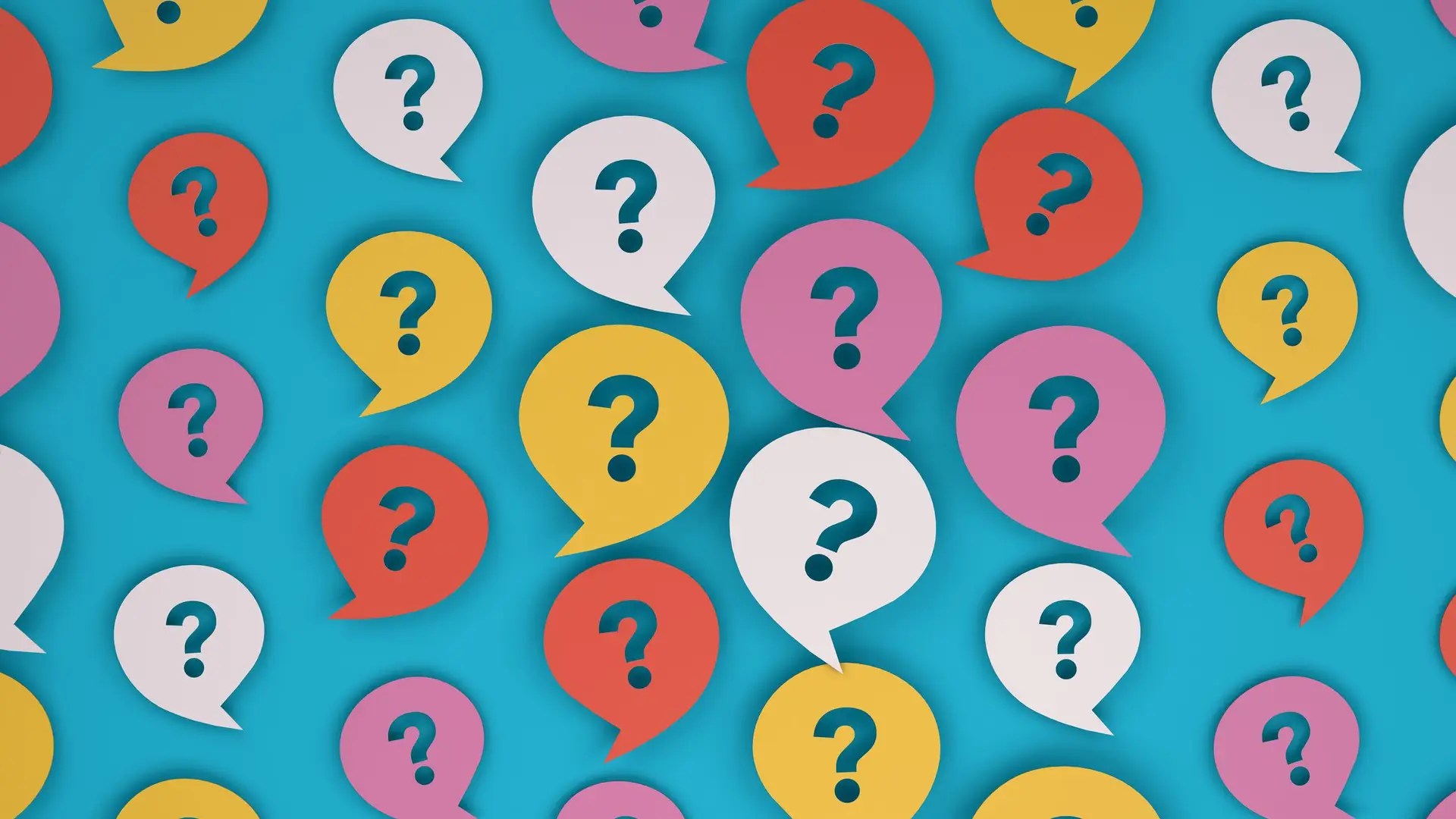 Colorful speech bubbles in red, yellow, pink, and white containing question marks on a turquoise background