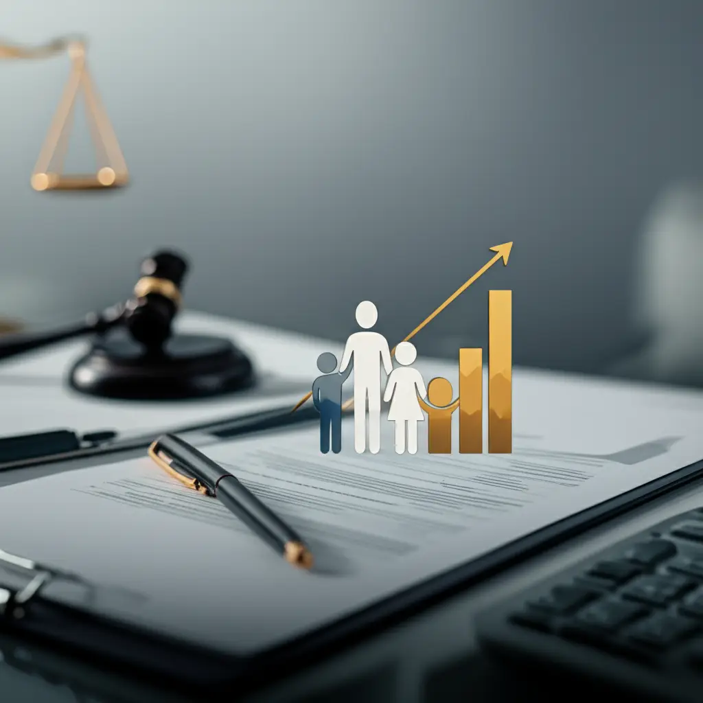Family figures and growth chart on documents with gavel and scales of justice in background