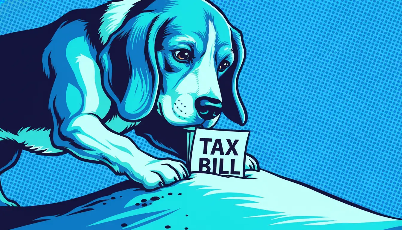 Beagle burying a tax bill in sandy beach dunes, in reference to estate tax in Delaware.