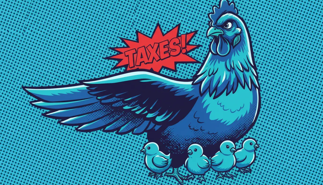 Blue hen chicken shielding chicks from taxes, in reference to inheritance tax in Delaware.