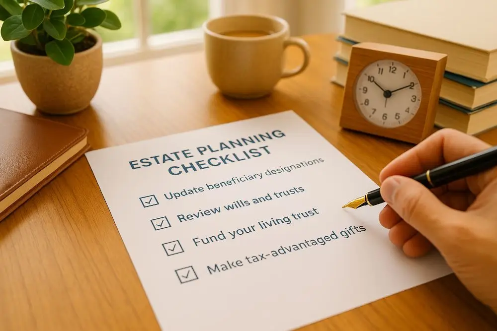 Hand holding pen over estate planning checklist on wooden desk with coffee mug, plant, and clock