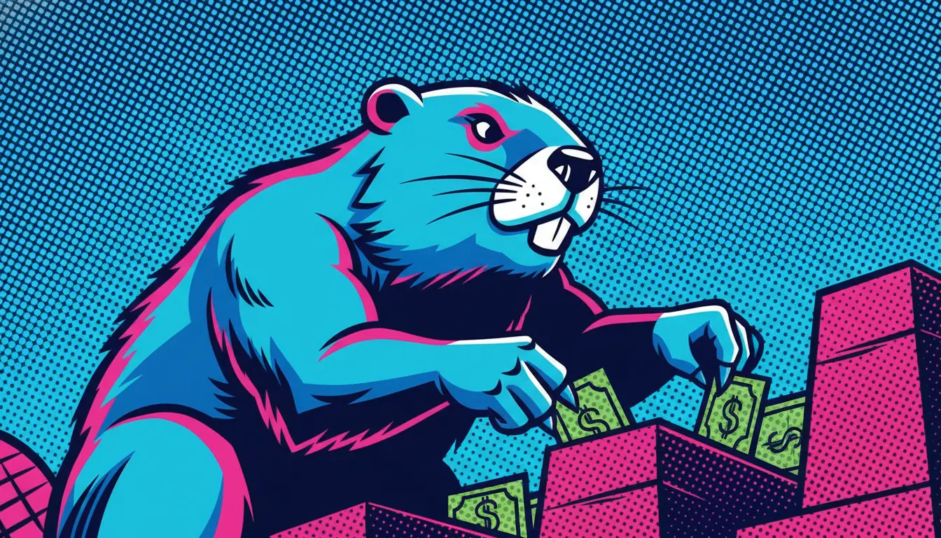 Colorful illustration of a blue and pink beaver holding dollar bills next to stacked pink and black boxes