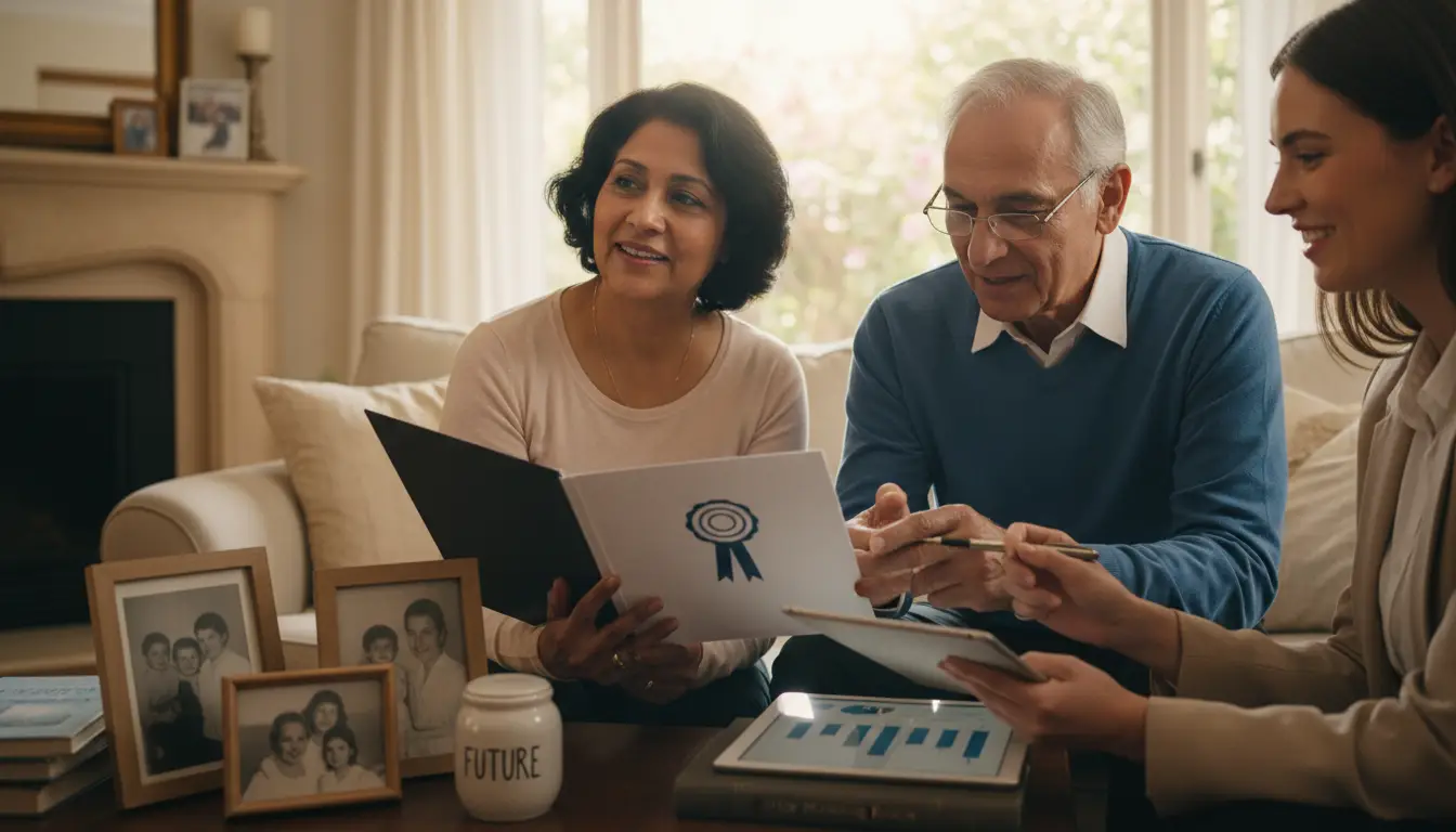 Three people review documents together at a table with family photos and a "FUTURE" mug nearby