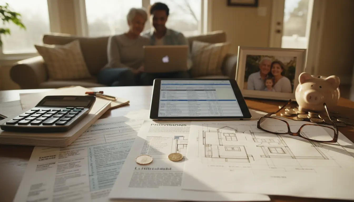 Desk with financial documents, calculator, tablet, and coins; couple with laptop visible on couch in background