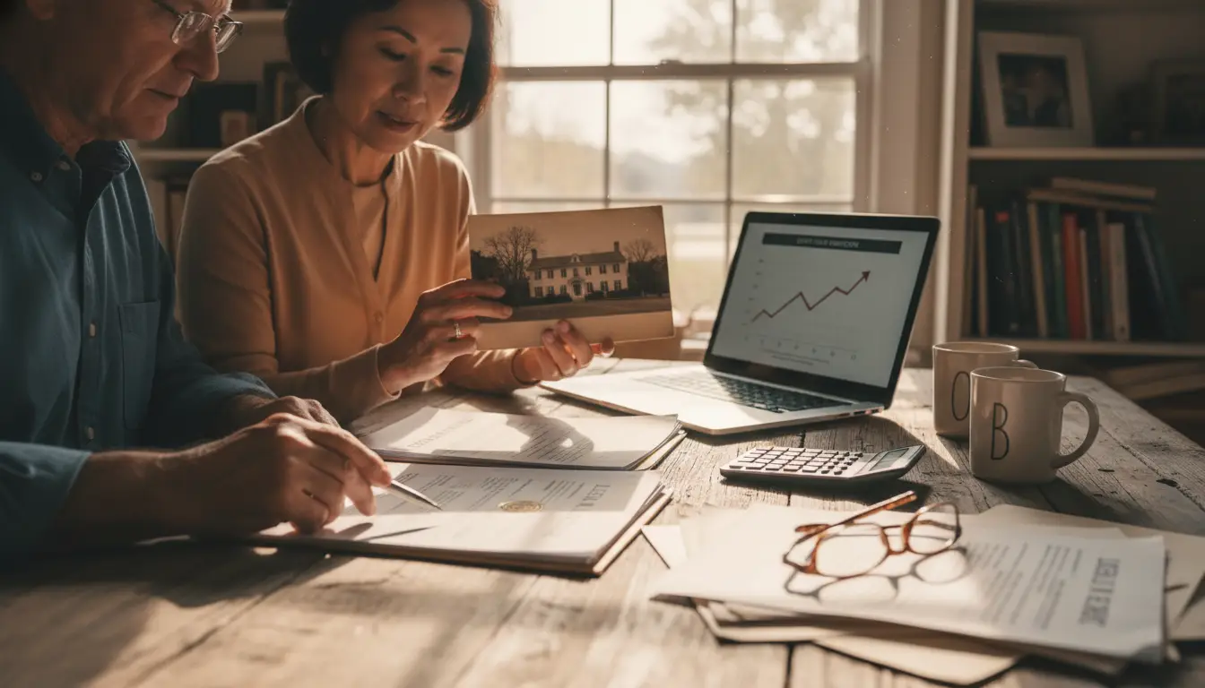 Two people review estate planning documents and property photo at desk with laptop showing financial charts