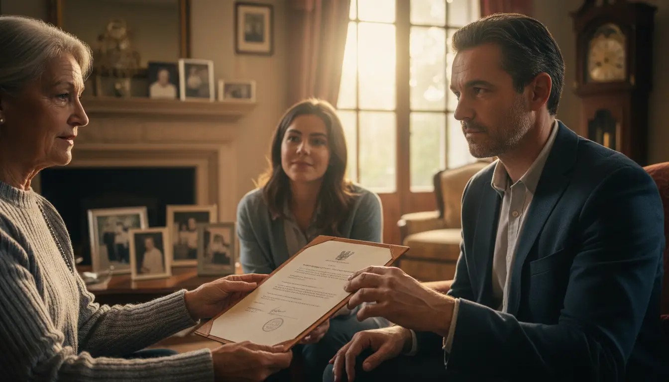 Three people in a home study reviewing a document together, with family photos visible on the mantelpiece behind them