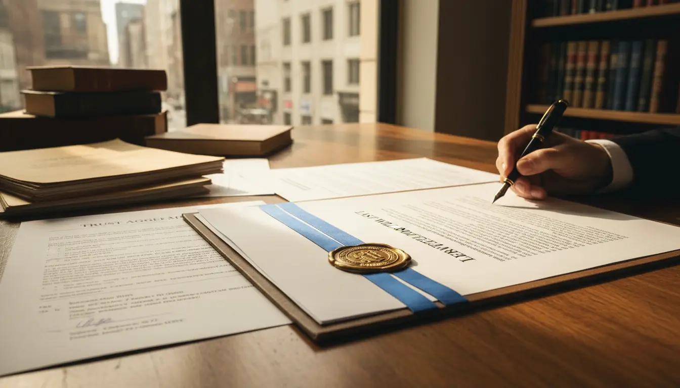 Lawyer's desk with open legal document bearing blue ribbon and gold seal, hand signing papers, law books visible
