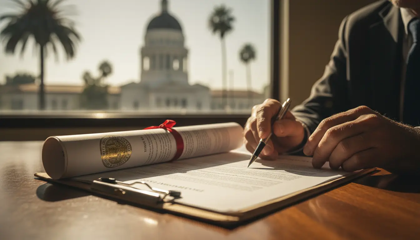 Person signing a legal document at a desk with a rolled certificate and capitol building visible through the window