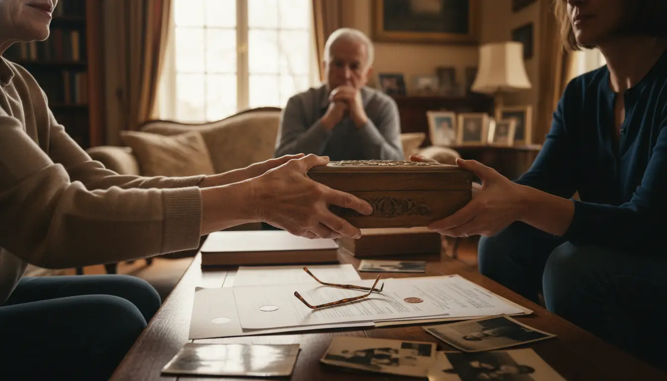Three people examine documents and a wooden box at a table with photographs and legal papers