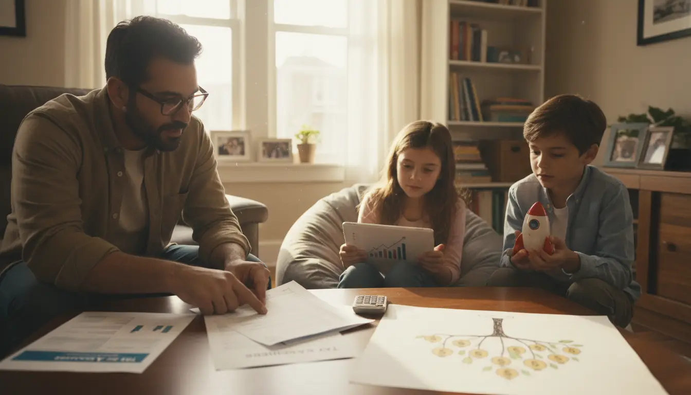 Man and two children review financial documents and tablet at wooden table in home office with bookshelves