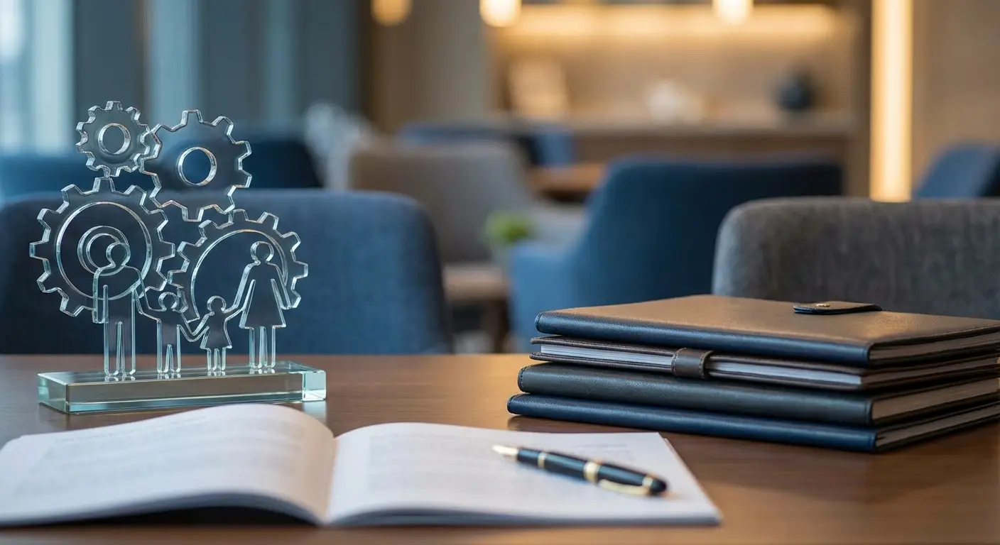 Glass figurines of family members beside gears, notebook, pen, and stacked books on wooden desk