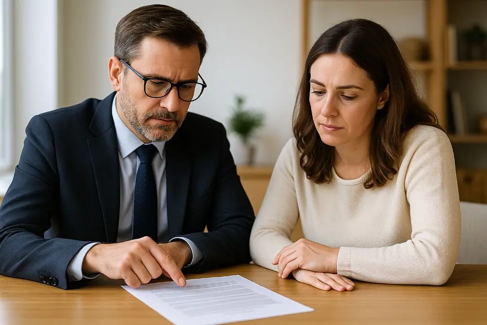 Man in dark suit and glasses points to document while woman in cream sweater reviews it at wooden table