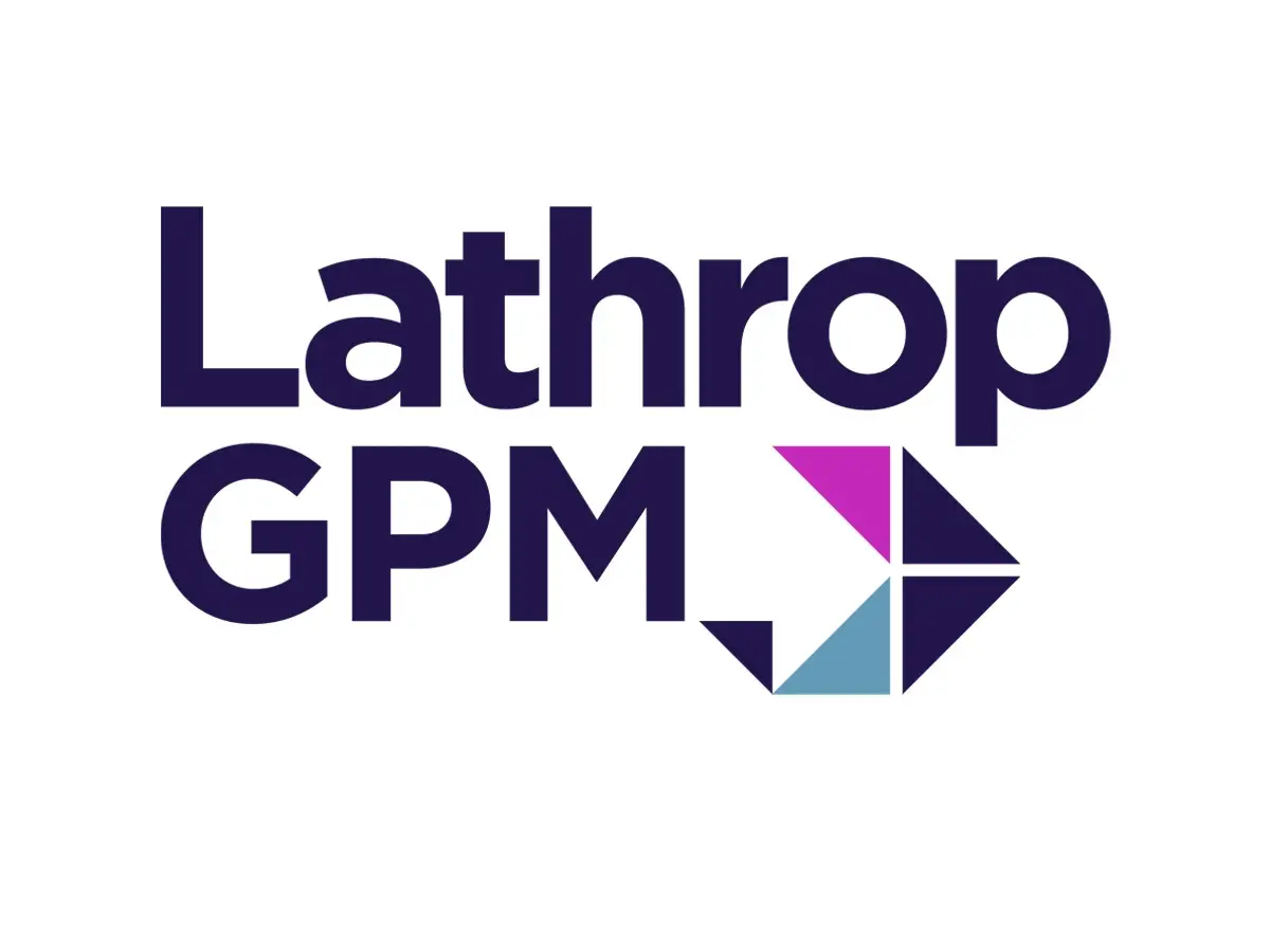Lathrop GPM logo with dark navy text and geometric shapes in magenta and teal