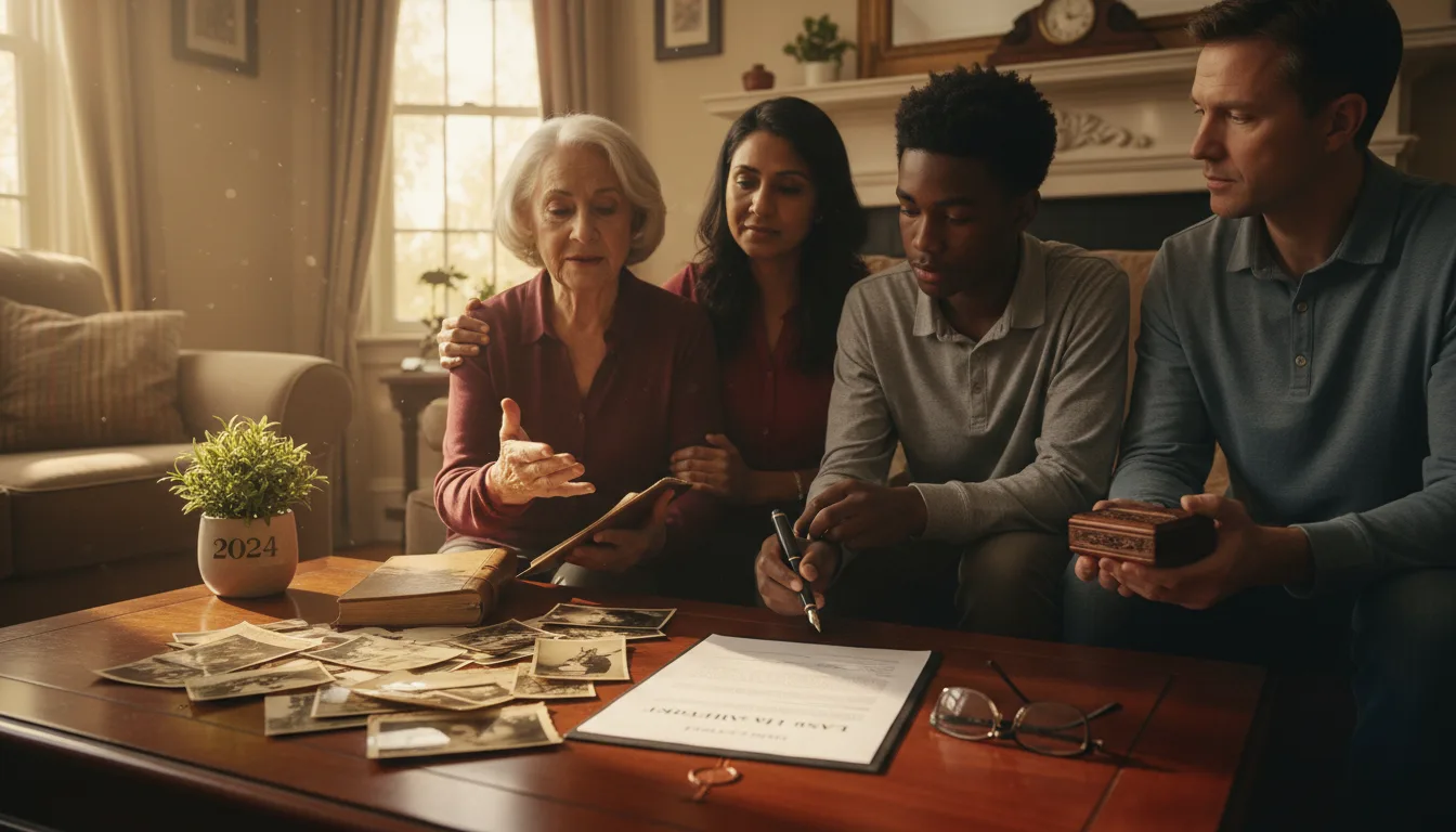 Four people sit at a wooden table reviewing old photographs and documents together in a home office setting