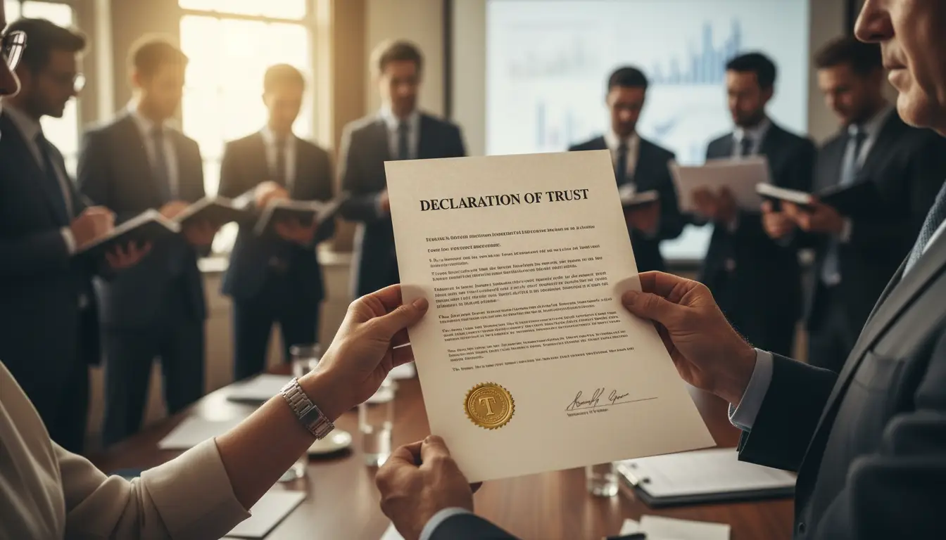 Person holding Declaration of Trust document with gold seal while business professionals meet in conference room