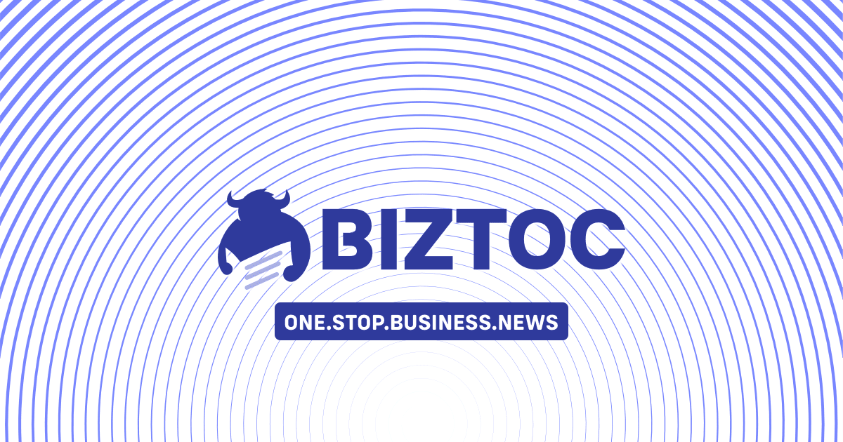 Biztoc logo with bull icon and "ONE.STOP.BUSINESS.NEWS" tagline on blue concentric lines background