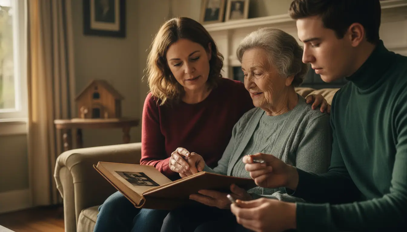 Three generations sitting together on a couch looking at an open photo album in a living room