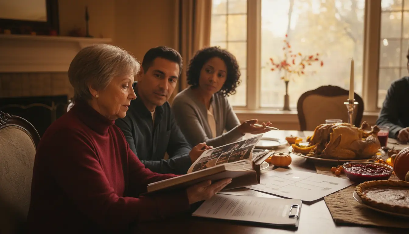 Four people seated at a dining table reviewing documents and photographs during a holiday meal
