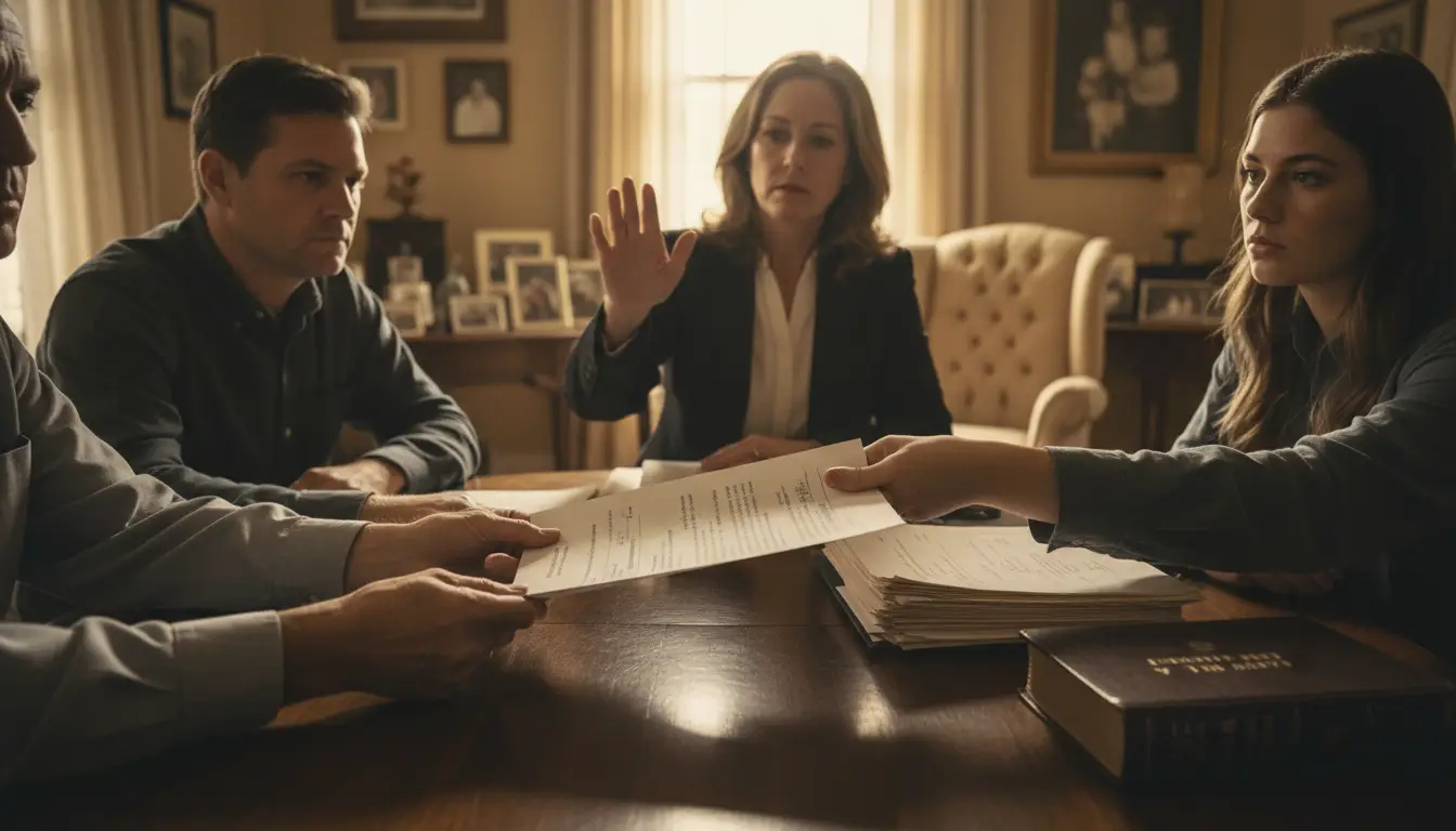 Four people review documents at a wooden table in a formal living room with framed photos and furniture in the background