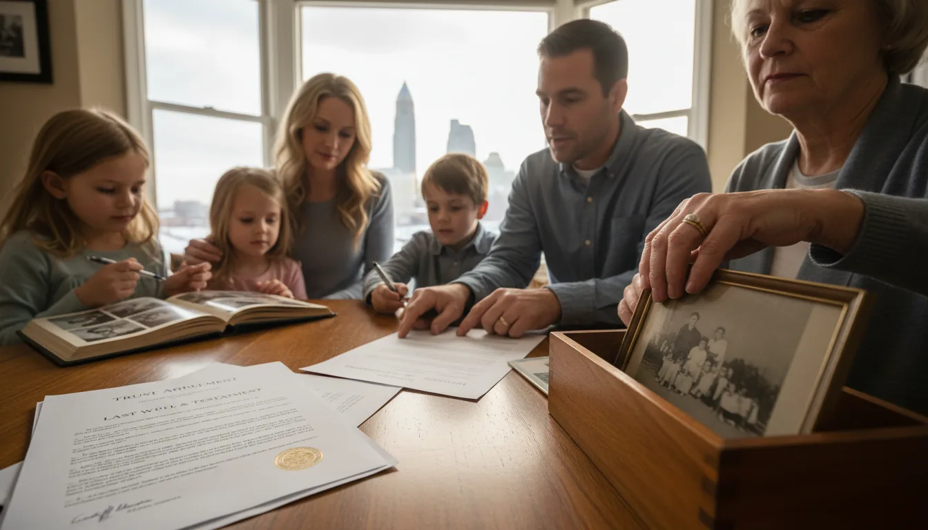 Multi-generational family gathered around wooden table reviewing legal documents with cityscape visible through windows behind them