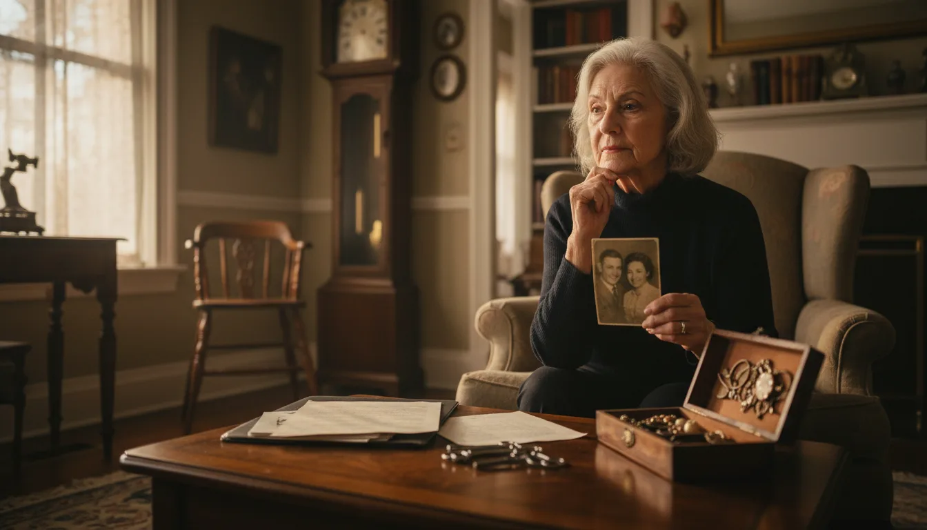 Older woman with white hair sits in chair holding photograph, with documents and jewelry box on table before her