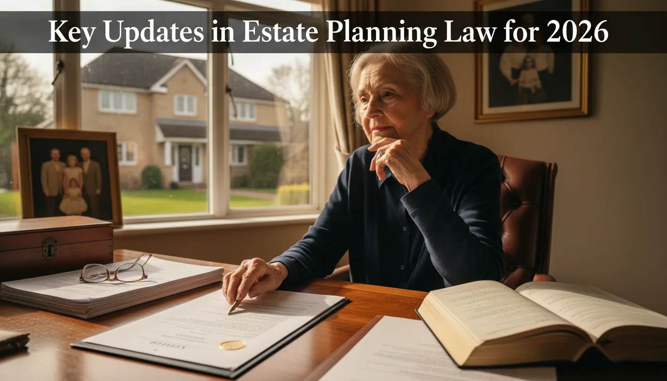 Older woman seated at wooden desk reviewing documents with glasses, notepad, and open book visible