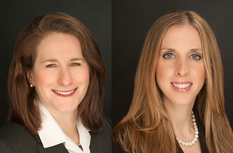 Two professional headshots of women with long brown hair against dark backgrounds, wearing business attire