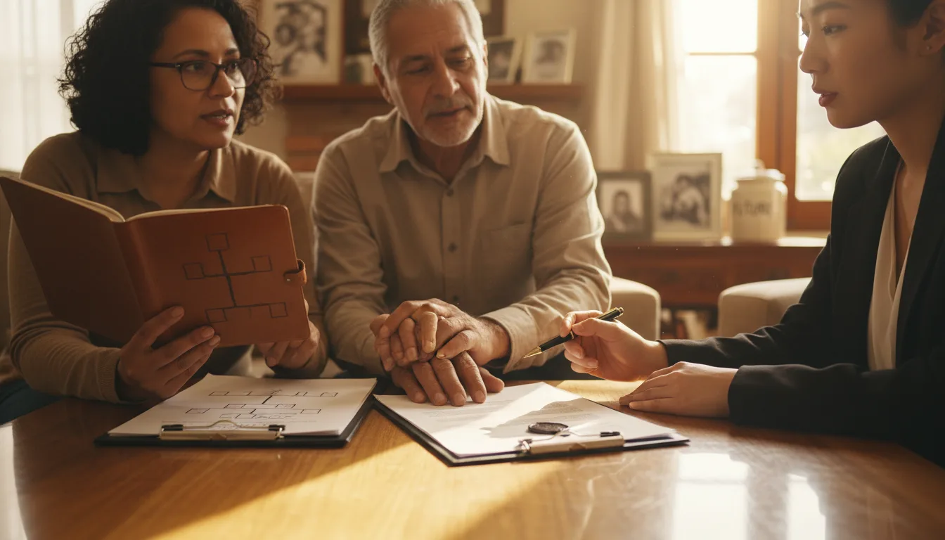 Three people review documents at a wooden table with clipboards and papers in a sunlit room