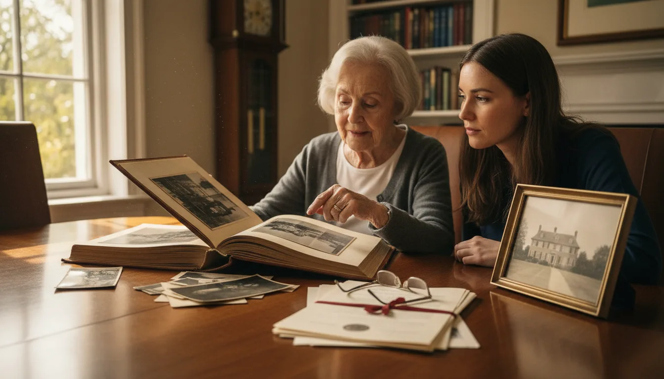 Elderly woman and younger woman reviewing framed photographs and an open photo album at a wooden table
