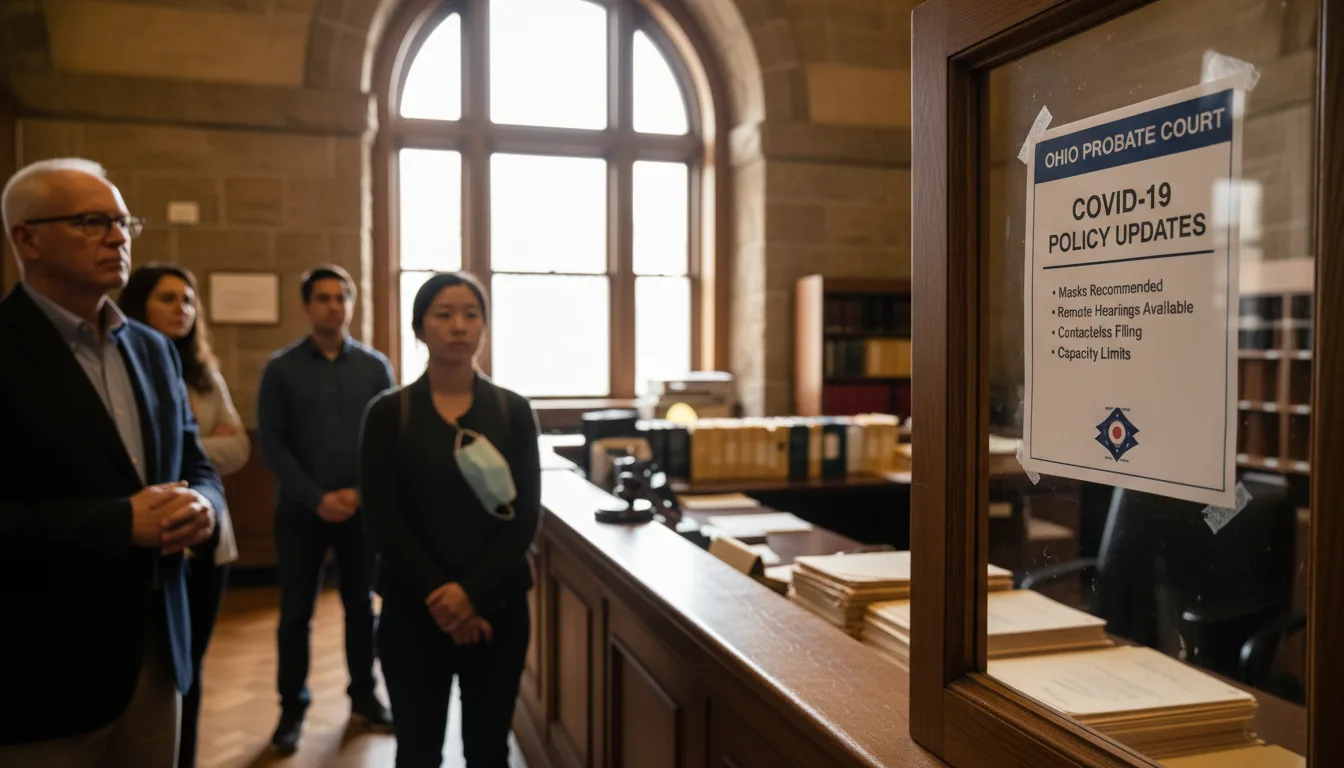 People stand in an Ohio Probate Court hallway near a posted COVID-19 policy updates sign