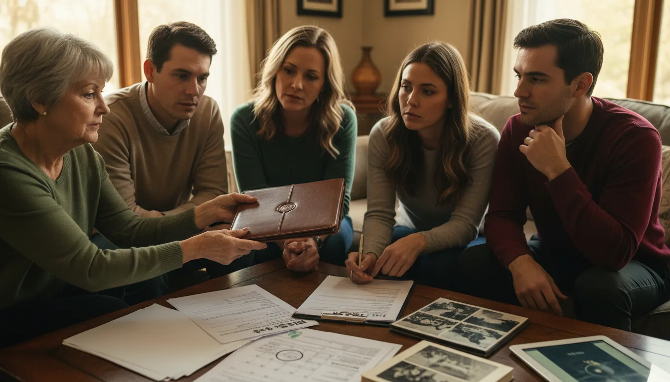 Family of five gathered around table reviewing documents and old photographs together
