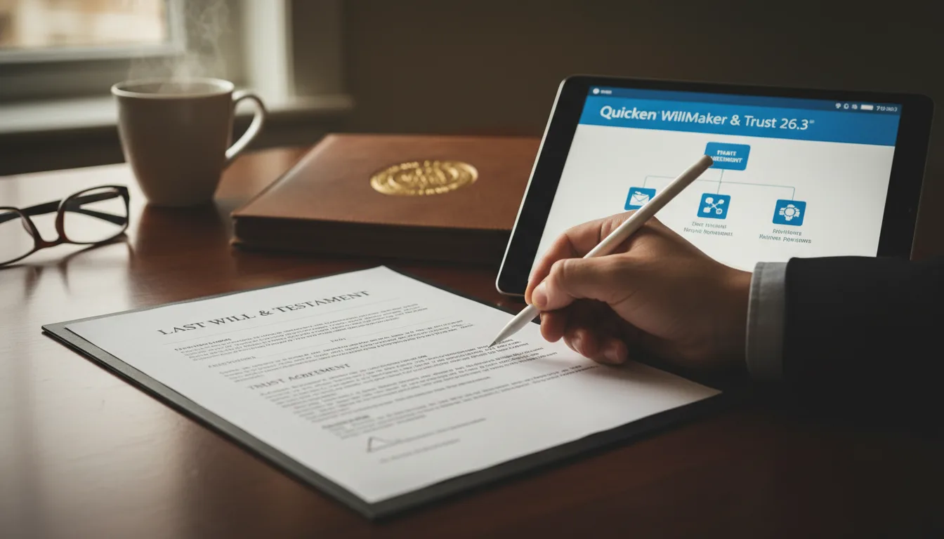 Person holding stylus over Last Will and Testament document while viewing Quicken WillMaker software on tablet at desk