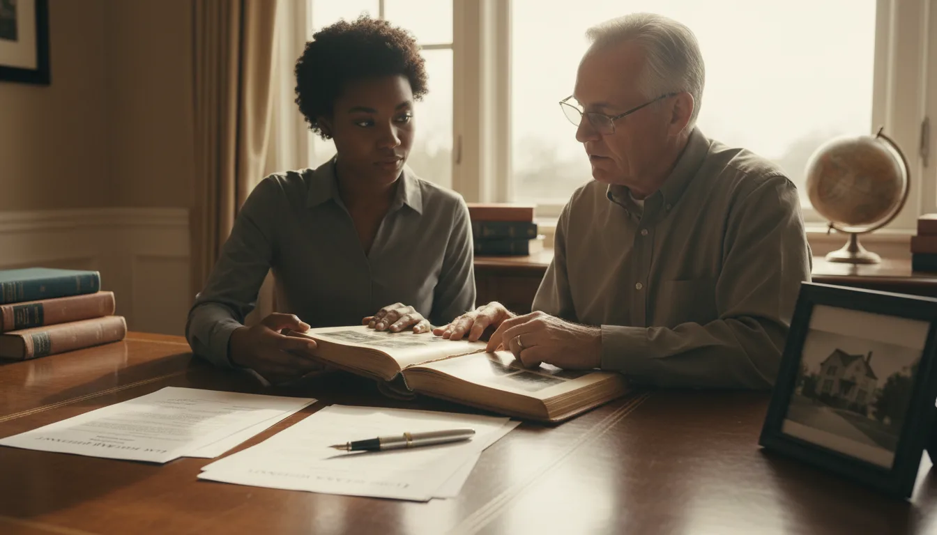 Two people seated at a wooden desk review documents together, with books and a globe nearby