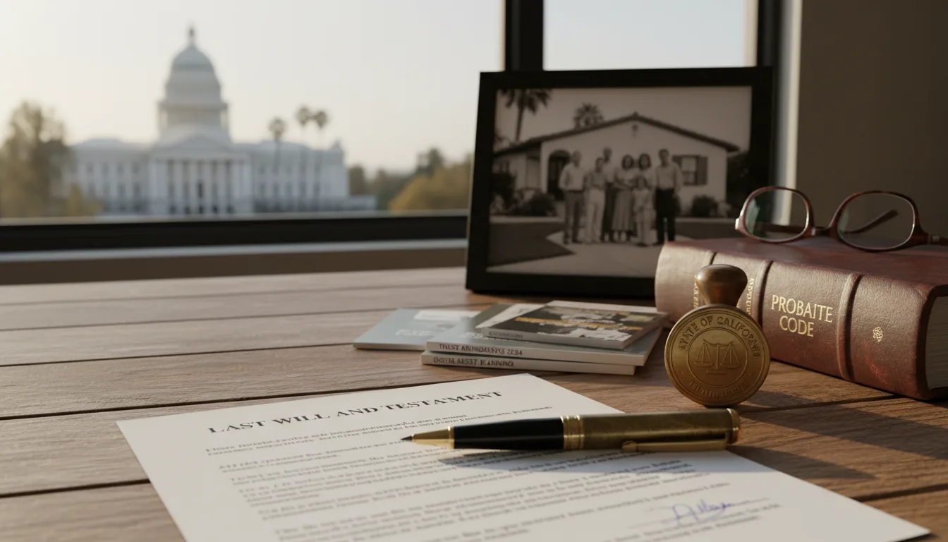 Desktop with Last Will and Testament document, pen, law books, glasses, medal, and California Capitol building visible through window