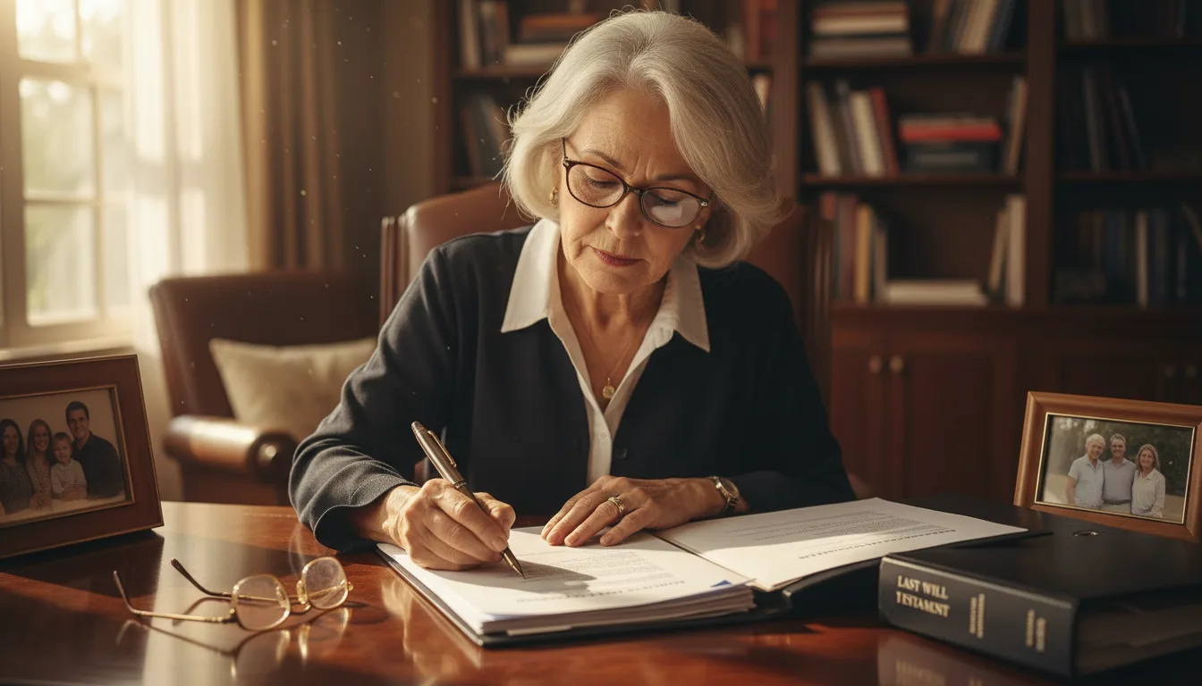 Senior woman with white hair and glasses writing in a document at a wooden desk with family photos and a "Last Will Testament" book