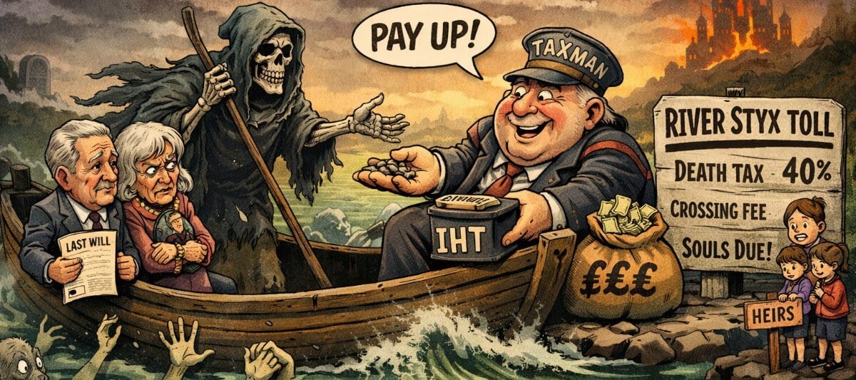 Cartoon illustration of Grim Reaper as taxman collecting money from elderly couple in boat, with toll sign and burning castle background