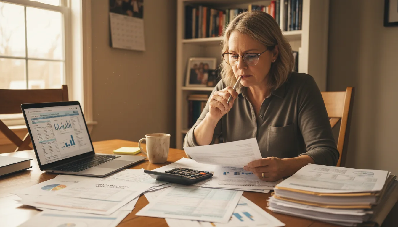 Woman wearing glasses at wooden desk reviewing financial documents with laptop displaying data charts