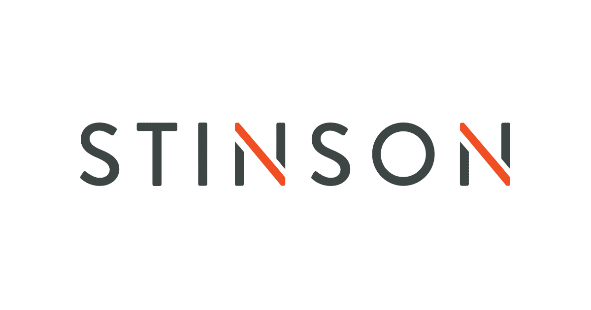 Stinson logo with dark gray text and orange diagonal slashes through the N letters