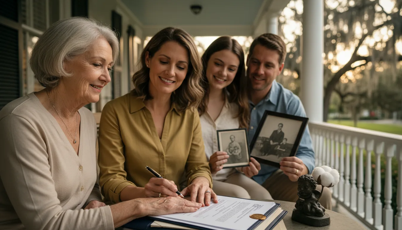 Elderly woman signing document while three younger adults hold old photographs on a covered porch