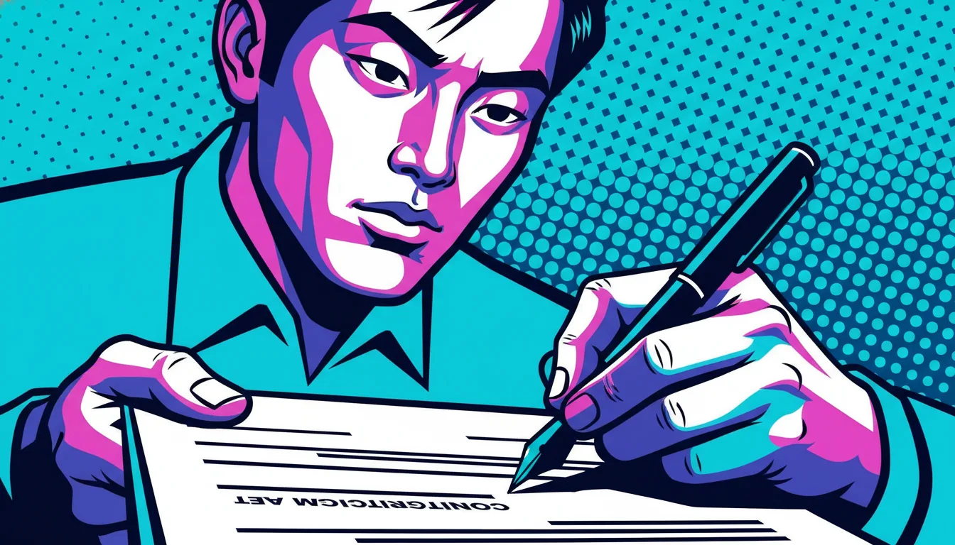 A young Asian man resolutely signing a contract, in reference to a medical power of attorney.