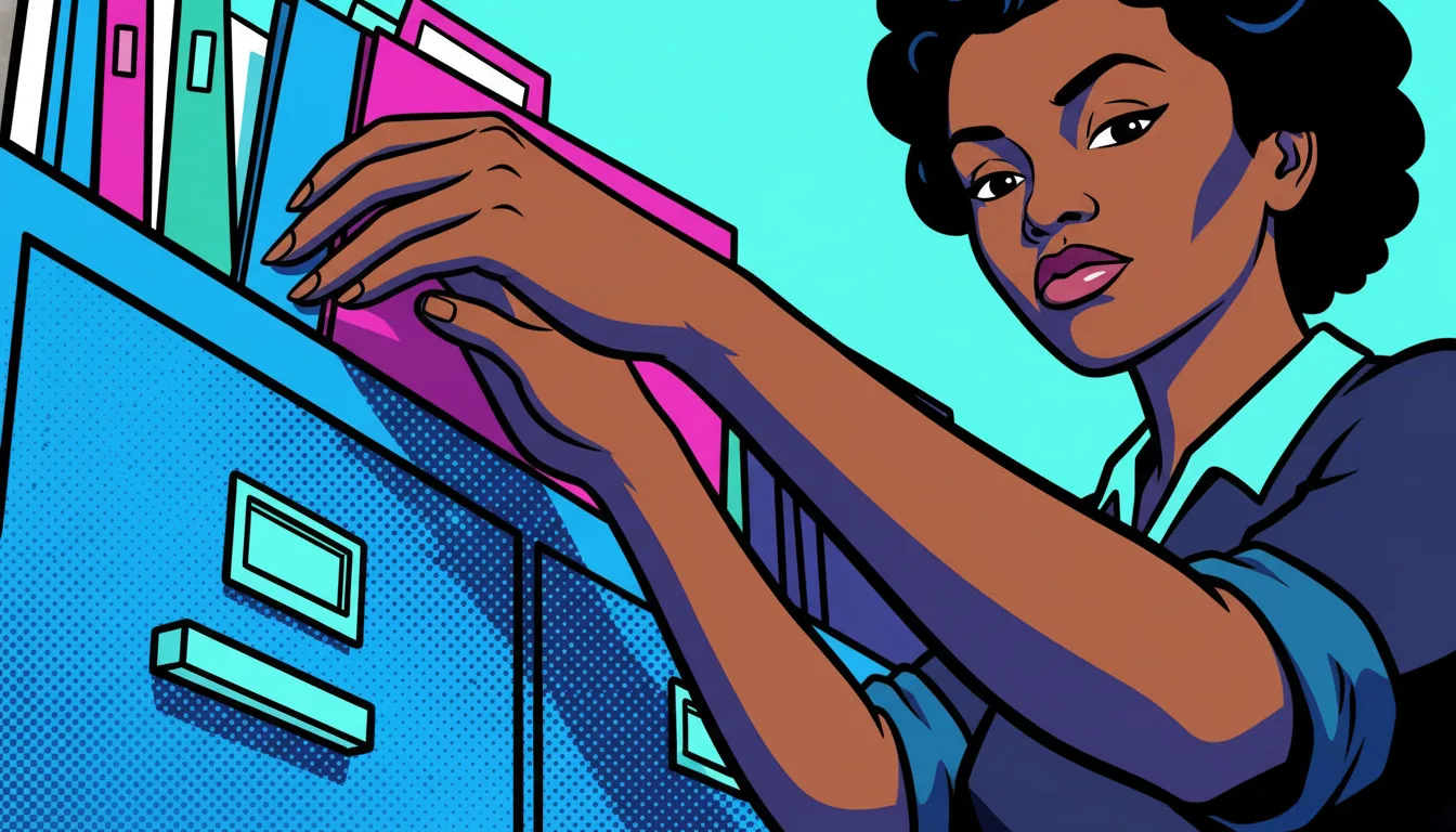 A young Black woman organizing files in a cabinet, in reference to probate clerks.